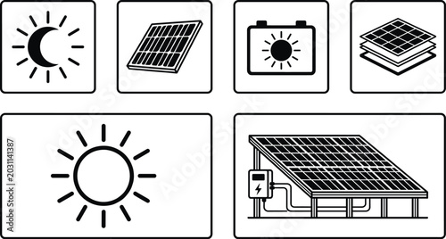 Tableau sur toile Set of solar energy vector icons with solar panels sun battery accumulation and