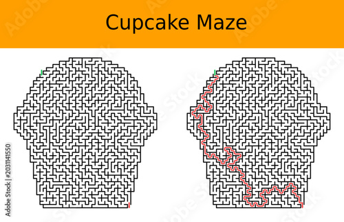 Billede på lærred Cupcake maze worksheet with unsolved labyrinth solved path panel orange header b
