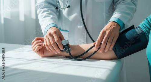 Medical Professional Measures Blood Pressure On Patient In Clinic During Examination Session