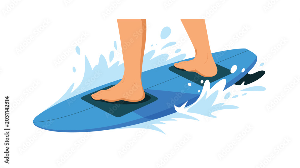 Obraz premium Two bare feet stand firmly on a bright blue surfboard featuring black traction pads and water splashes in a stylized vector illustration with a clean white background.