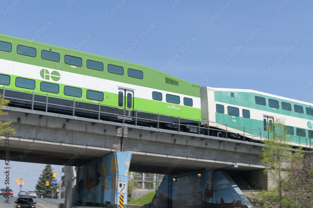 Naklejka premium underpass at 195 Warden Av with Lakeshore East GO Train rail corridor vehicle, Toronto