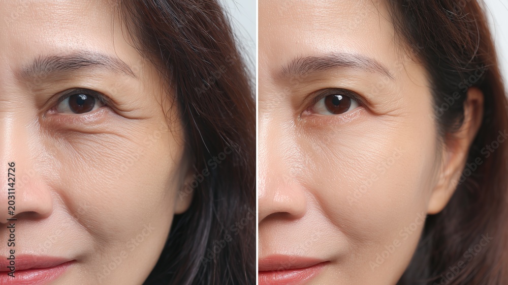 Naklejka premium Comparison of sagging eyelids and firm smooth skin around eyes. Concept of aesthetic surgery, medical correction, and youthful appearance.