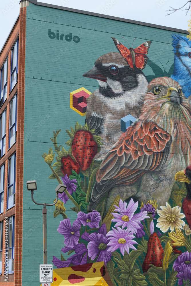 Naklejka premium mural by birdO (Jerry Rugg) on the east facing brick wall of 520 Kingston Rd, Toronto