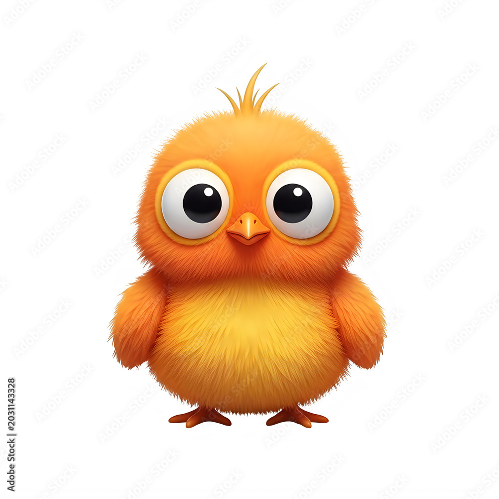 Fototapeta premium A cute cartoon yellow chick with big eyes and fluffy feathers standing alone looking very happy