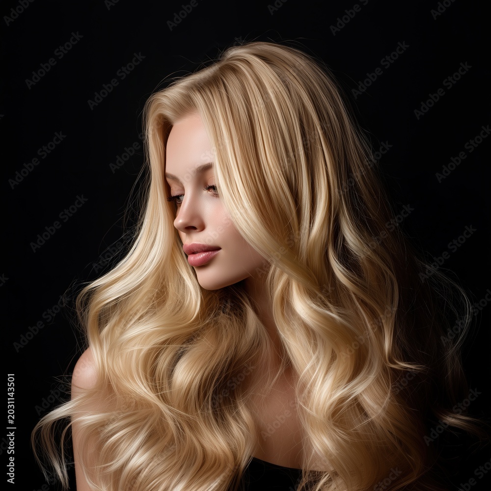 Naklejka premium Close-up of a woman with healthy voluminous blonde curls. Concept of high-end salon results, perfect coloring, and sophisticated hair care.