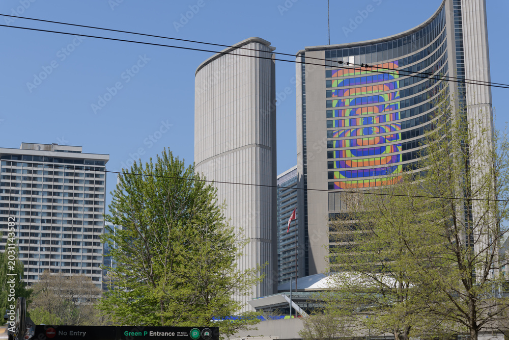 Naklejka premium east tower with World Cup branding at City Hall - looking north from Queen St W, Toronto