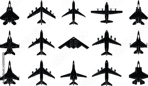 Foto Airplane and military fighter jet vector black silhouette set containing passeng