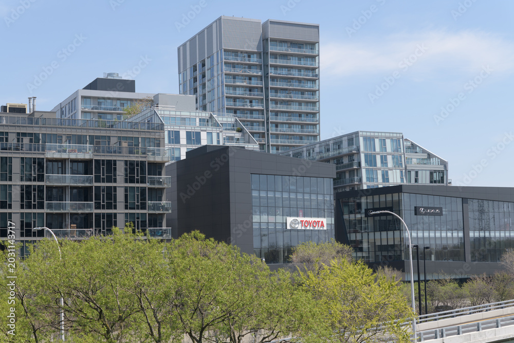 Naklejka premium downtown Toyota dealer at 79 E Don Roadway viewed from Queen Street Viaduct, Toronto