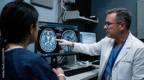 Medical Professionals Analyze Brain Scan Images, Discussing Patient Diagnosis and Prognosis with