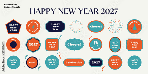 Collection of happy new year 2027 graphical badges labels and icons for celebrations with collection celebration greeting elements fireworks typography seasonal invitation