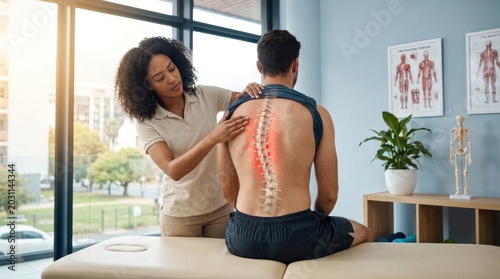 Vertebral column condition: scoliosis diagnosis, spine examination, back pain, body posture, patient consult, physical therapy, health care, corrective exercise.