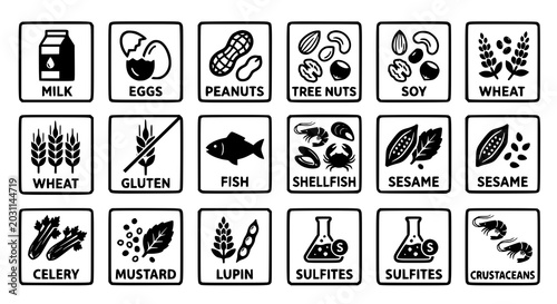 Fotografía Creative allergen warning badge vector set with food intolerance illustrations