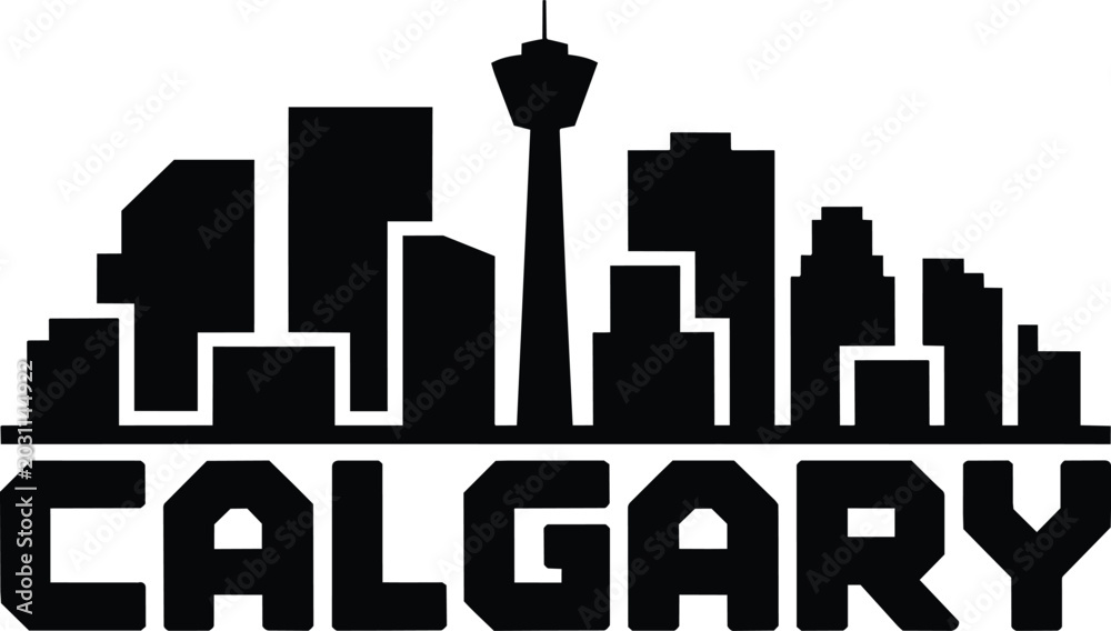 Naklejka premium Calgary city skyline silhouette with distinctive tower and buildings, symbolizing urban landscape and cityscape, modern downtown architecture