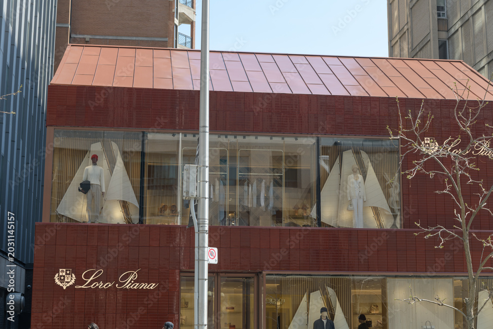 Naklejka premium exterior building facade and sign of Loro Piana, a luxury clothing store, located at 111 Bloor St W, Toronto