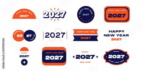 Set of modern minimalist happy new year 2027 logo badges and typography icons for holiday celebrations with typography collection celebration template branding minimalist