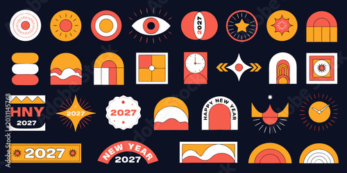Abstract geometric shapes and happy new year 2027 badge collection in warm color palette with geometric collection celebration minimalist abstract illustration decorative
