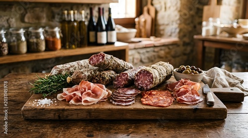 Assortment of cured meats, salami, prosciutto, and sausage slices on a wooden board. Rustic charcuterie platter with rosemary, olives, and salt in a warm kitchen background