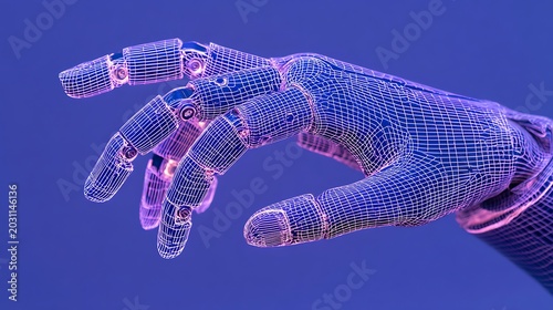 Robotic hand with glowing blue and pink digital wireframe mesh on a solid blue background