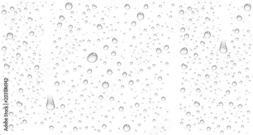 Fotografie Clear water drop and droplets on window surface, realistic condensation effect,