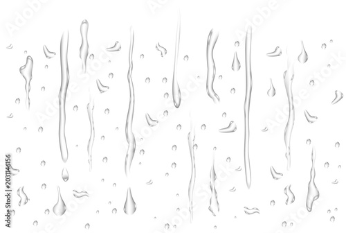 фотографія Realistic water drop and droplets dripping on transparent glass, rain streaks is