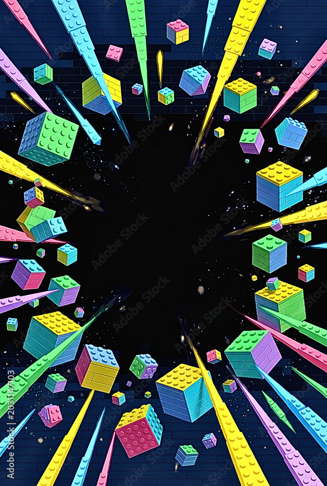 Obraz premium Bright explosion of a LEGO construction set in space, dynamic colored bricks