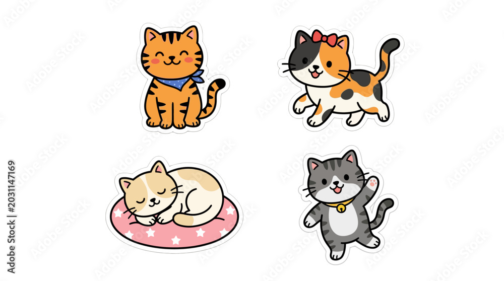 Fototapeta premium Four cartoon cats playing and sleeping on a pink cushion indoors