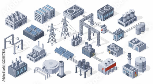 Isometric industrial factory buildings and power generation equipment, including solar panels and cooling towers.