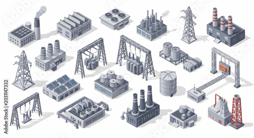 Bild auf Leinwand Collection of isometric industrial buildings and structures, including factories, power lines, and storage tanks