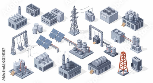 Isometric industrial buildings and power generation equipment collection, including factories, power lines, and solar panels.