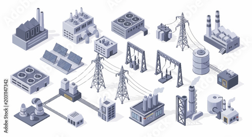Isometric illustration of various industrial power generation and distribution elements, including factories, solar panels, cooling towers, and power lines.