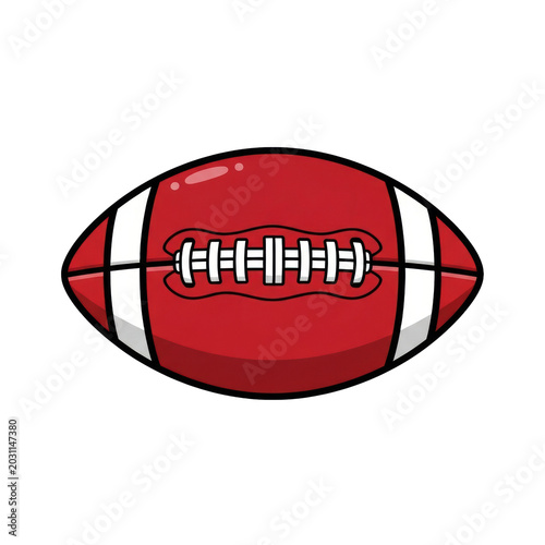 A perfectly symmetrical, deep red american football with white laces and stripes, isolated on a transparent background in flat vector cartoon style, graphic icon concept for sports