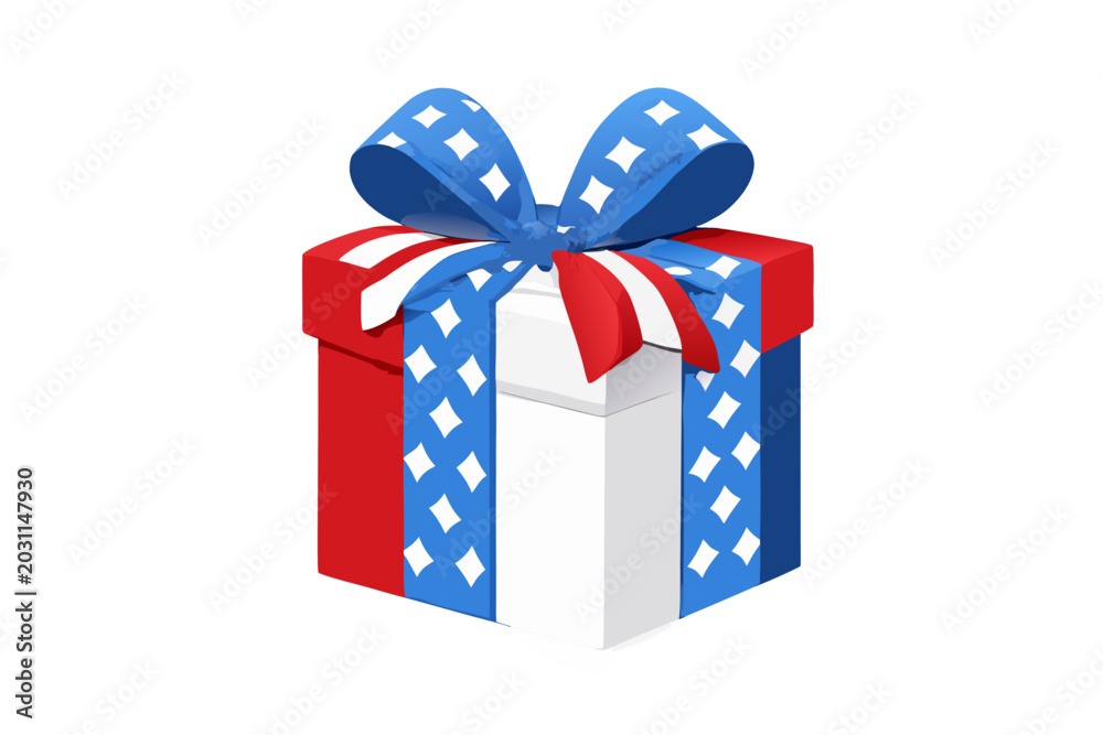 Fototapeta premium Red white and blue gift box with star patterned ribbon and bow, festive present vector illustration isolated on transparent background
