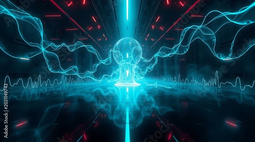 Glowing blue energy waves and light beams in a dark digital space