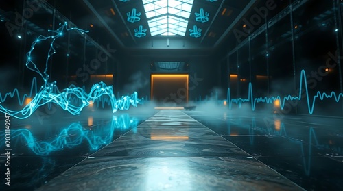 Abstract digital tunnel with glowing blue light waves and pixel art style corridor