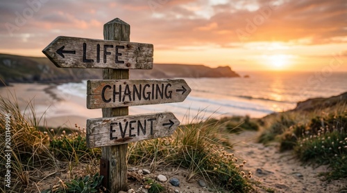 Life Changing Event Signpost on Scenic Ocean Cliff Path at Sunset Motivation Future Choice Concept