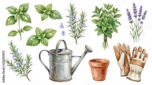Watercolor herb garden clipart with basil rosemary mint lavender watering can flower pot and gardening gloves perfect for botanical and gardening designs