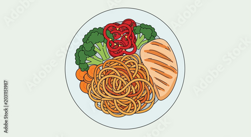 Bild auf Leinwand Spaghetti with vegetables and bread.
