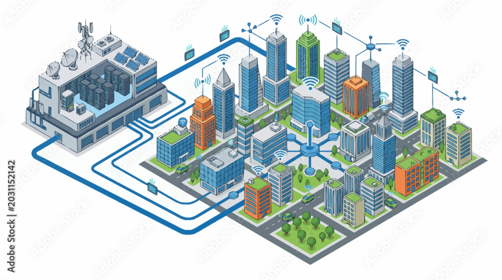 Fototapeta premium Smart City Network Infrastructure and Connected Urban Environment.