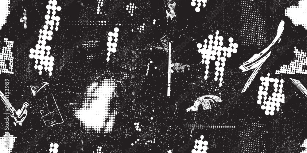 Fototapeta premium Glitch distorted grungy abstract forms . Halftone dots seamless pattern . Grange shapes .Grunge distress . Vector shapes with half tone dots .Screen print endless pattern 