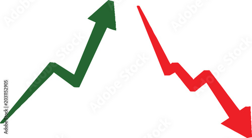 Obraz na plátne Green rising arrow and red falling arrow representing financial growth and marke