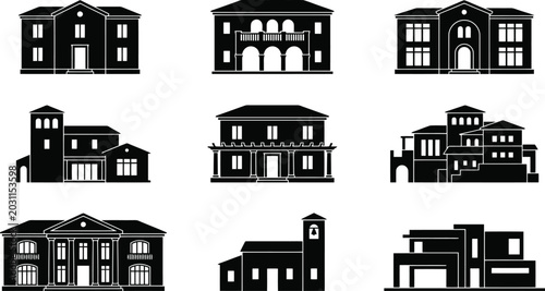 Tableau sur toile Luxury Residential Mansion House Silhouette Vector Icon Set for Real Estate Mark