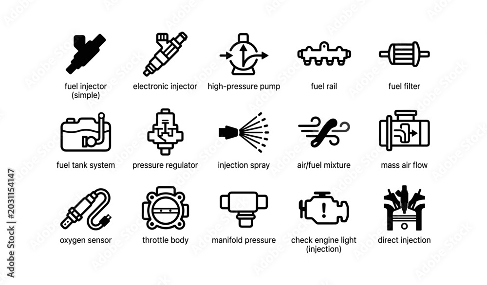 Fototapeta premium Fuel system and injection icons arranged on white background