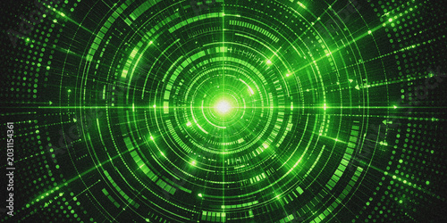 Futuristic digital tunnel with glowing green binary code and light rays in abstract cyber space background