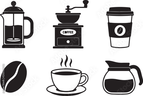 Coffee icons, coffee maker, coffee cup, coffee bean, vector graphics