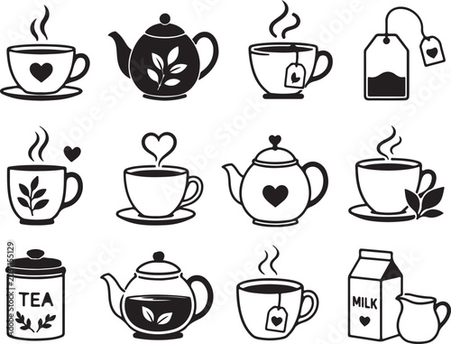 Tea Time Icons, Black and White, Vector Illustrations, Coffee and Tea Accessories, 12pcs