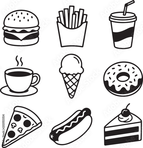 Fast food icons, restaurant symbols, black and white, vector graphics, 8 elements