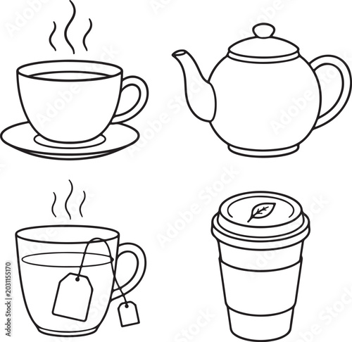 Tea, coffee, cup, and teapot icons, line art, black and white, vector illustrations