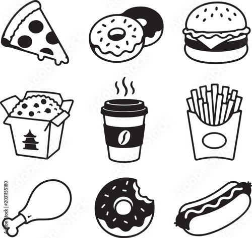 Fast food icons, restaurant symbols, black and white graphics, vector illustrations, foodie collection