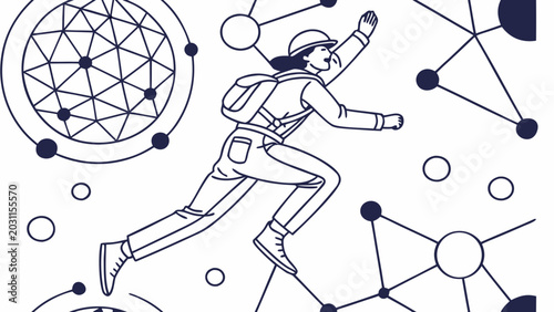 Professional woman navigating a digital network technology space illustration