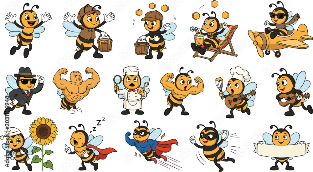 Obraz premium Funny Cartoon Bee Mascot Character Set Featuring Cute Bumblebee Flying Airplane Wearing Superhero Cape Juggling Honeycombs and Cooking Chef Vector Illustration